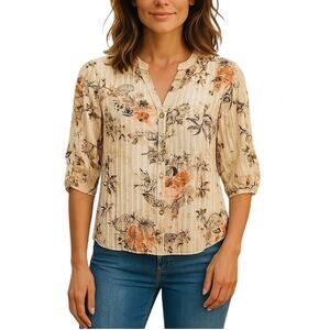 Sara Michelle Sheer Floral Accordion Blouse Cream Multi 3/4 Sleeve Small